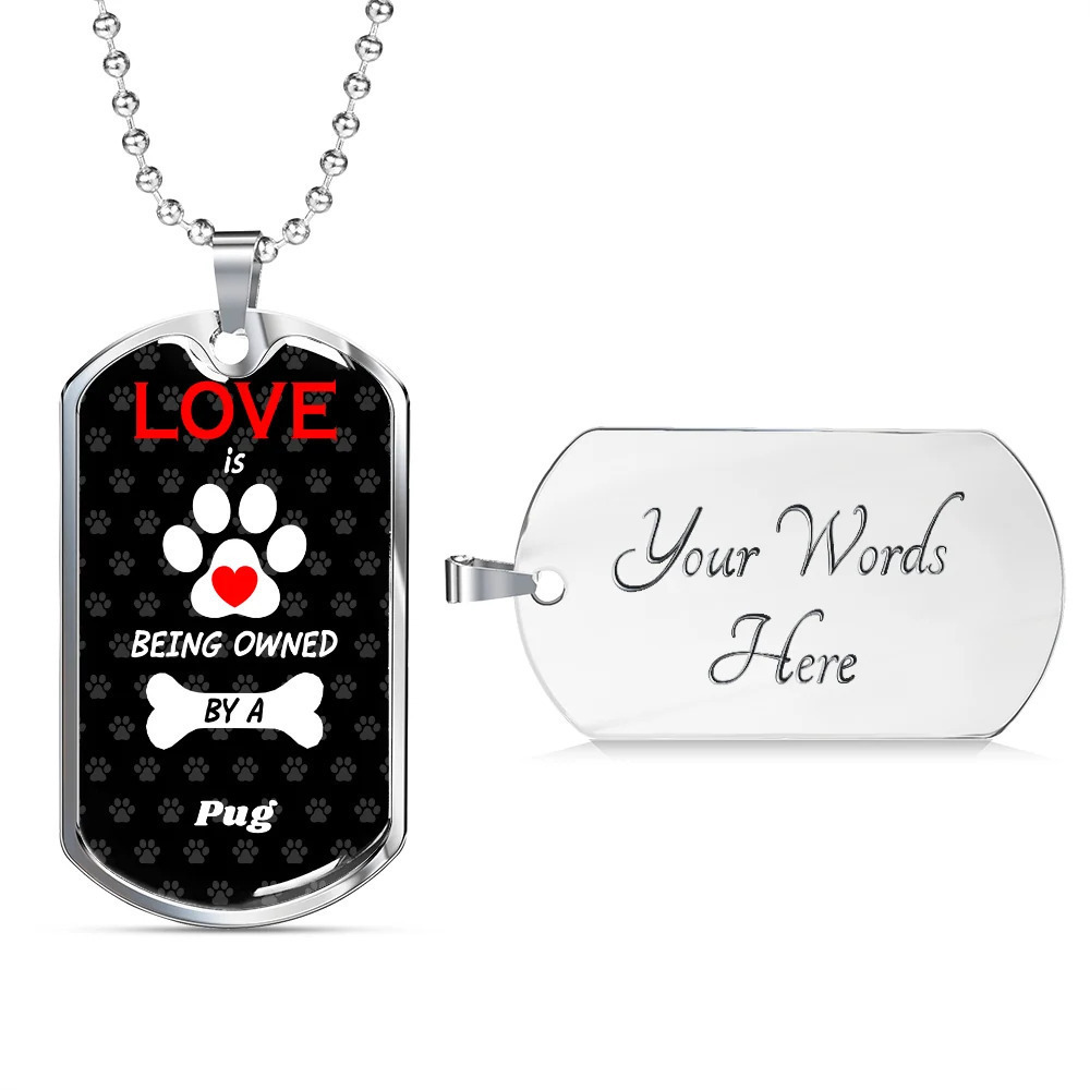 Pug Love Is Personalized Engraved Silver Dog Tag Necklace Custom Name Date Gift